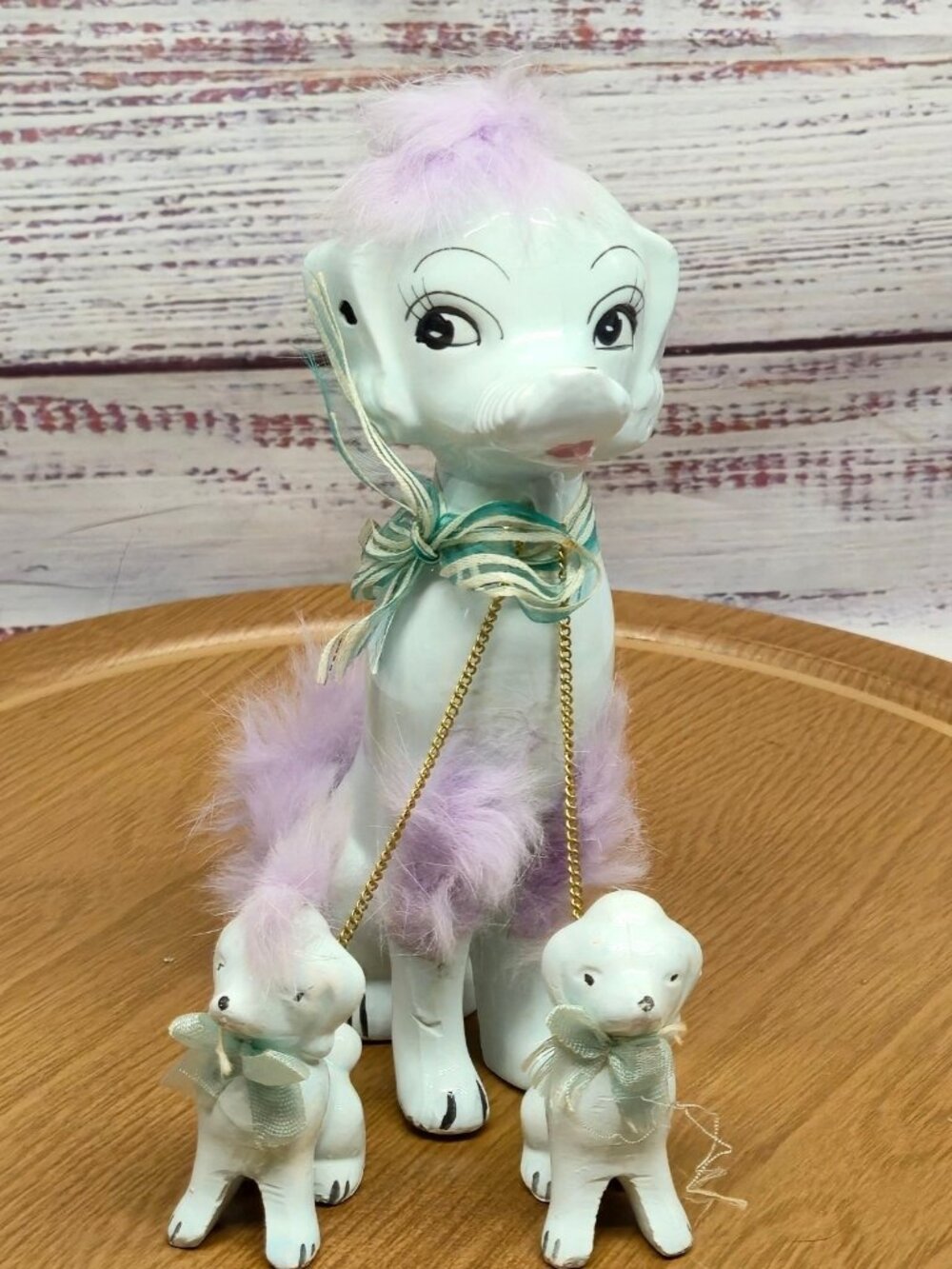 Kitschy Vintage White Ceramic Poodle Family 1950s Retro Japan Mom & Puppies MCM